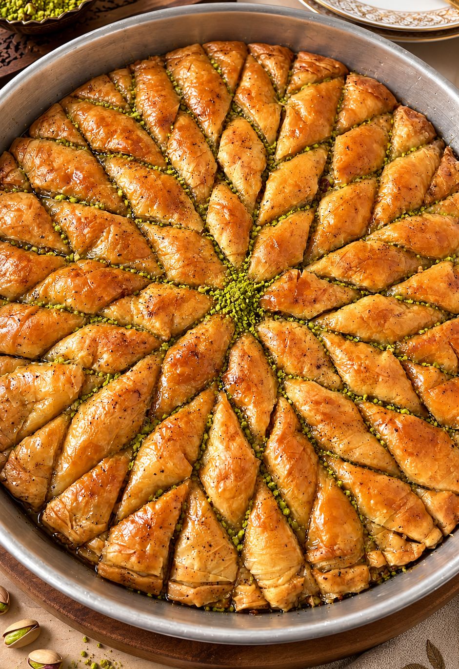 Yuvarlak tepside ev yapımı baklava